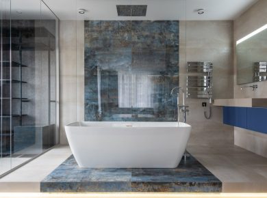 A Beautiful Modern Bathroom With Neutral And Dark Blue Elements With Great Flooring Options For Your Bathroom